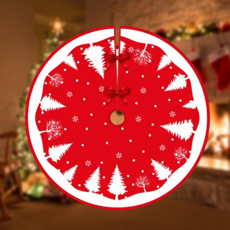 Covoras pentru Bradul de Craciun, , din Tesatura Pufoasa, cu Fundite de Prindere, Model Brazi, Rosu/Alb, Diametru 90 cm [5]