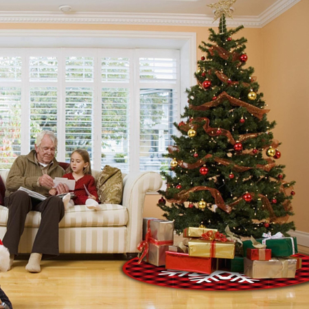 Covoras pentru Bradul de Craciun, , din Tesatura Pufoasa, cu Fundite de Prindere, Model Fulg de Nea, Carouri Rosu/Negru, Diametru 90 cm [5]