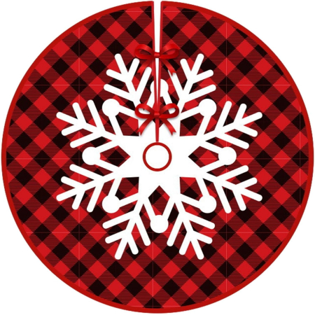 ✨TOATE PRODUSELE✨ - Covoras pentru Bradul de Craciun, , din Tesatura Pufoasa, cu Fundite de Prindere, Model Fulg de Nea, Carouri Rosu/Negru, Diametru 90 cm