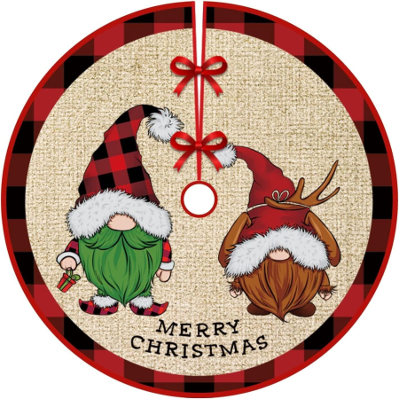 ✨TOATE PRODUSELE✨ - Covoras pentru Bradul de Craciun, , din Tesatura Pufoasa, cu Fundite de Prindere, Model Gnomi, Multicolor, Diametru 90 cm