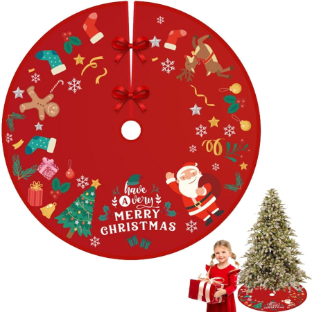 Covoras pentru Bradul de Craciun, , din Tesatura Pufoasa, cu Fundite de Prindere, Model Mos Craciun, Rosu, Diametru 90 cm [5]