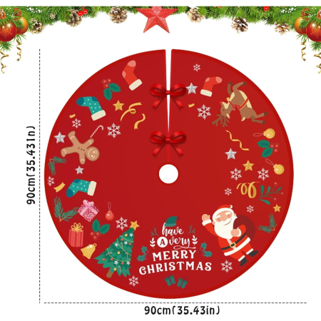 Covoras pentru Bradul de Craciun, , din Tesatura Pufoasa, cu Fundite de Prindere, Model Mos Craciun, Rosu, Diametru 90 cm [9]