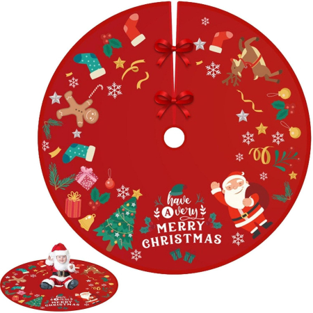 Covoras pentru Bradul de Craciun, , din Tesatura Pufoasa, cu Fundite de Prindere, Model Mos Craciun, Rosu, Diametru 90 cm [2]