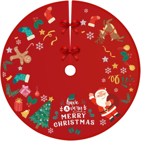 ✨TOATE PRODUSELE✨ - Covoras pentru Bradul de Craciun, , din Tesatura Pufoasa, cu Fundite de Prindere, Model Mos Craciun, Rosu, Diametru 90 cm