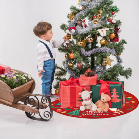 Covoras pentru Bradul de Craciun, , din Tesatura Pufoasa, cu Fundite de Prindere, Model Mos Craciun, Rosu, Diametru 90 cm [7]