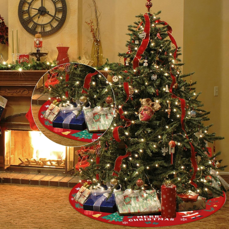 Covoras pentru Bradul de Craciun, , din Tesatura Pufoasa, cu Fundite de Prindere, Model Mos Craciun, Rosu, Diametru 90 cm [6]