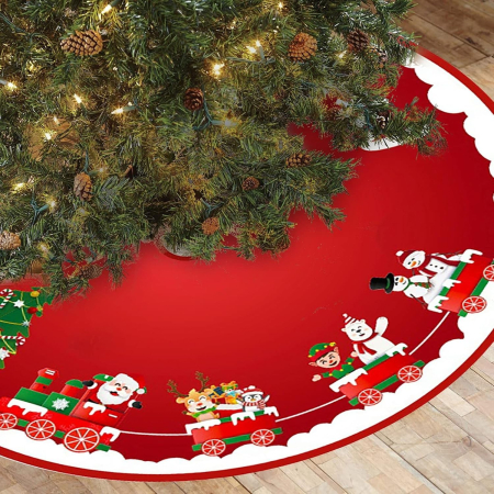 Covoras pentru Bradul de Craciun, , din Tesatura Pufoasa, cu Fundite de Prindere, Model Sania lui Mos Craciun, Rosu, Diametru 90 cm [4]