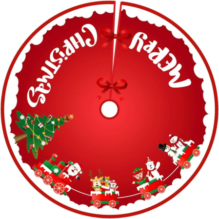 Covorase Brad - Covoras pentru Bradul de Craciun, , din Tesatura Pufoasa, cu Fundite de Prindere, Model Sania lui Mos Craciun, Rosu, Diametru 90 cm