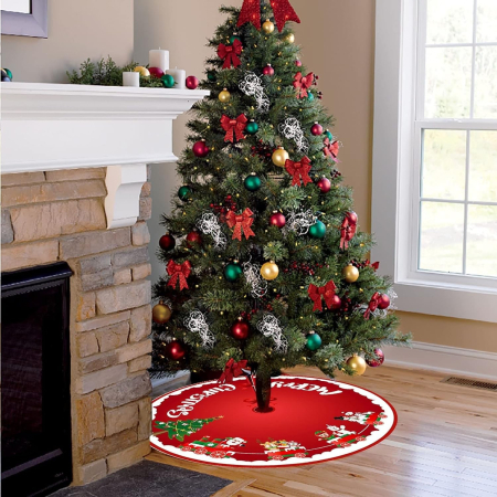 Covoras pentru Bradul de Craciun, , din Tesatura Pufoasa, cu Fundite de Prindere, Model Sania lui Mos Craciun, Rosu, Diametru 90 cm [3]