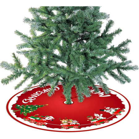 Covoras pentru Bradul de Craciun, , din Tesatura Pufoasa, cu Fundite de Prindere, Model Sania lui Mos Craciun, Rosu, Diametru 90 cm [2]