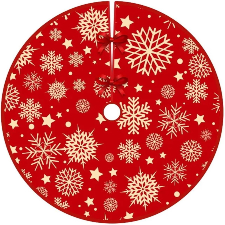 Covorase Brad - Covoras pentru Bradul de Craciun, , din Tesatura Pufoasa, cu Fundite de Prindere, Model Stelute, Rosu, Diametru 90 cm