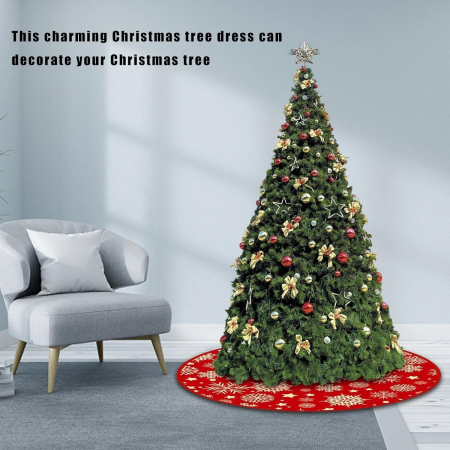 Covoras pentru Bradul de Craciun, , din Tesatura Pufoasa, cu Fundite de Prindere, Model Stelute, Rosu, Diametru 90 cm [3]