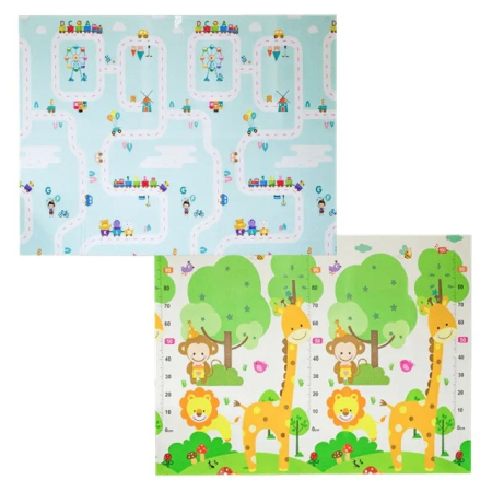 Covorase de joaca - Covoras pentru Copii, , cu 2 Fete, Model Drum/Safari, din XPE+PE, Impermeabil, Antiderapant, Protectie Termica, +3 Luni, Pliabil, 150 x 200 x 1 cm, Multicolor