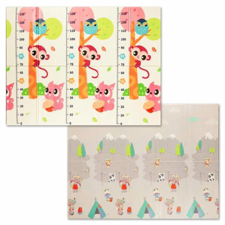 Covorase de joaca - Covoras pentru Copii, , cu 2 Fete, Model Maimute/Indieni, din XPE+PE, Impermeabil, Antiderapant, Protectie Termica, +3 Luni, Pliabil, 150 x 200 x 1 cm, Multicolor