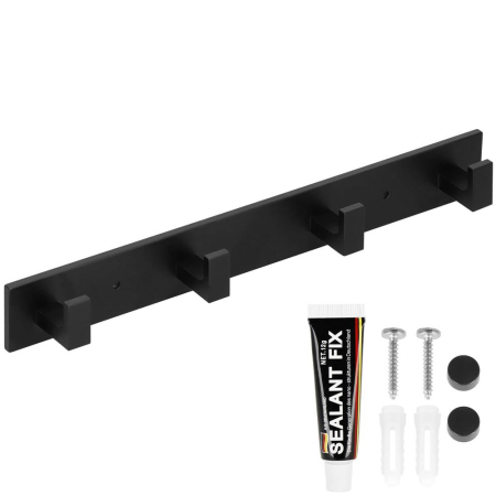 Cuier de baie pentru prosoape cu 2 sisteme instalare, aluminiu, 4 agatatori, 35x4cm, negru [10]