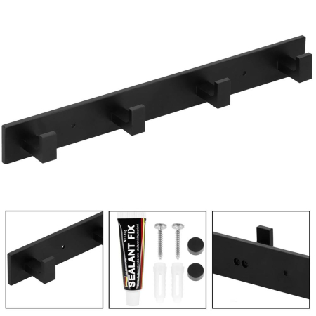 Cuier de baie pentru prosoape cu 2 sisteme instalare, aluminiu, 4 agatatori, 35x4cm, negru [9]