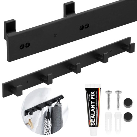 Cuier de baie pentru prosoape cu 2 sisteme instalare, aluminiu, 5 agatatori, 45x4cm, negru [14]