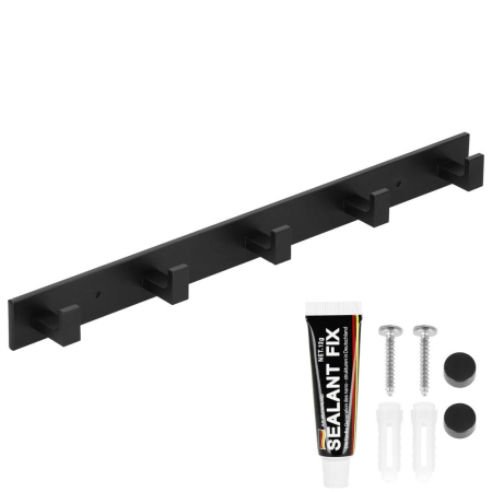 Cuier de baie pentru prosoape cu 2 sisteme instalare, aluminiu, 5 agatatori, 45x4cm, negru [2]