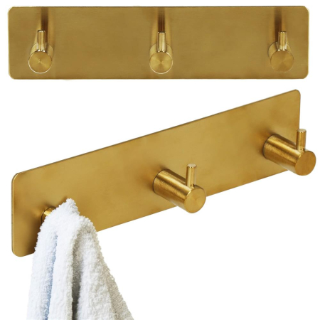 Cuier de baie pentru prosoape, montare fara gaurire, otel, 3 agatatori, 18x4.5cm, auriu [1]