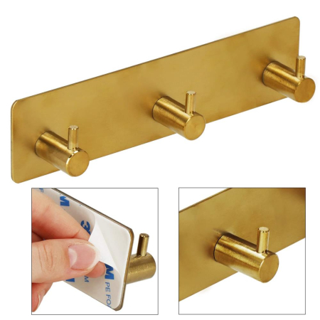 Cuier de baie pentru prosoape, montare fara gaurire, otel, 3 agatatori, 18x4.5cm, auriu [11]