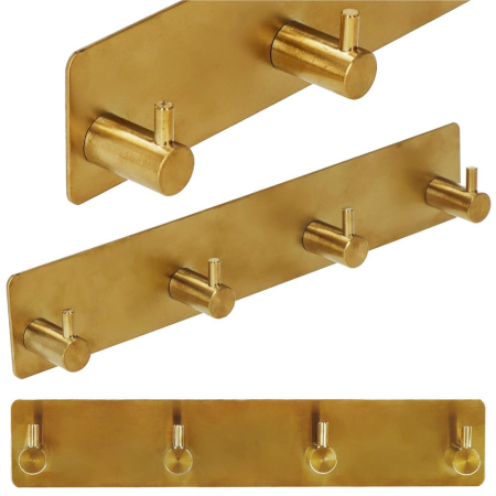 Cuier de baie pentru prosoape, montare fara gaurire, otel, 4 agatatori, 24x4.5cm, auriu [2]