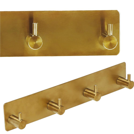 Cuier de baie pentru prosoape, montare fara gaurire, otel, 4 agatatori, 24x4.5cm, auriu [1]