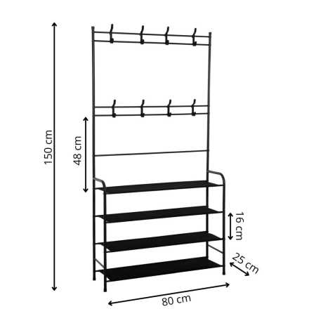 Cuier pentru haine cu banc de depozitare pantofi pe 4 polite, cadru metalic, 25x80x150cm, negru [18]