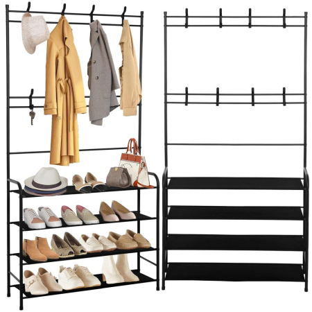 Cuier pentru haine cu banc de depozitare pantofi pe 4 polite, cadru metalic, 25x80x150cm, negru [6]
