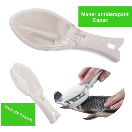 Curatator Manual Solzi de Peste, , Forma Peste , Recipient cu Capcac pentru Solzi, Plastic, Roz pal, 16x6 cm [1]