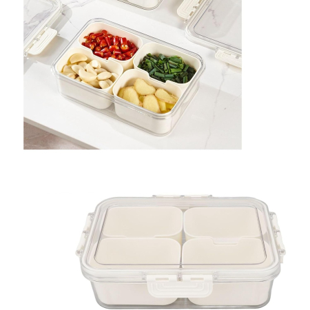 Cutie Alimentara Multifunctionala, , pentru Condimente, Gustari, Inchidere Etans, cu Capac si Maner, 4 Compartimente, 25 x 8 x 18 cm, Alb [1]