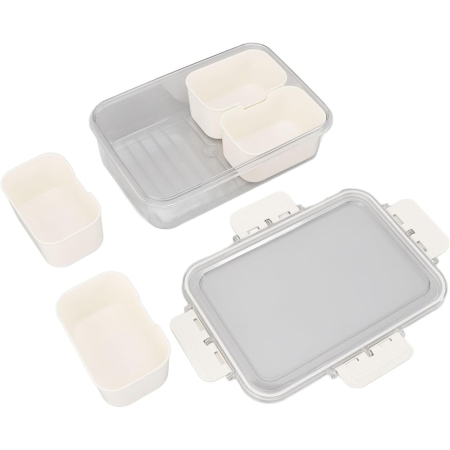 Cutie Alimentara Multifunctionala, , pentru Condimente, Gustari, Inchidere Etans, cu Capac si Maner, 4 Compartimente, 25 x 8 x 18 cm, Alb [2]