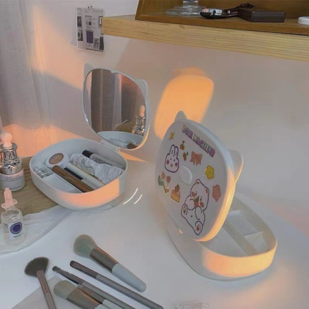 Cutie cu Oglinda, Model Pisica, , 4 Compartimente, Cutie de Depozitare a Machiajelor si Accesoriilor, Oglinda de Machiaj, 17x13x6cm, Alb [3]