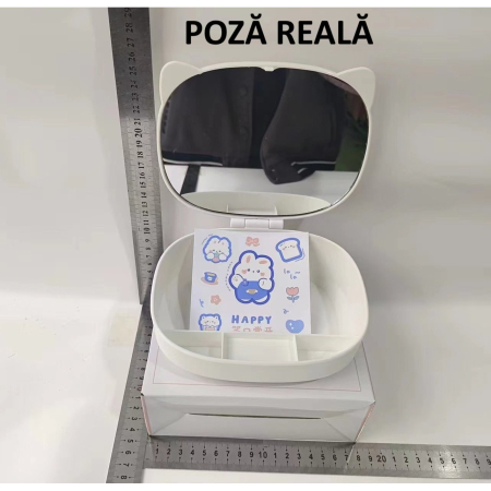 Cutie cu Oglinda, Model Pisica, , 4 Compartimente, Cutie de Depozitare a Machiajelor si Accesoriilor, Oglinda de Machiaj, 17x13x6cm, Alb [5]