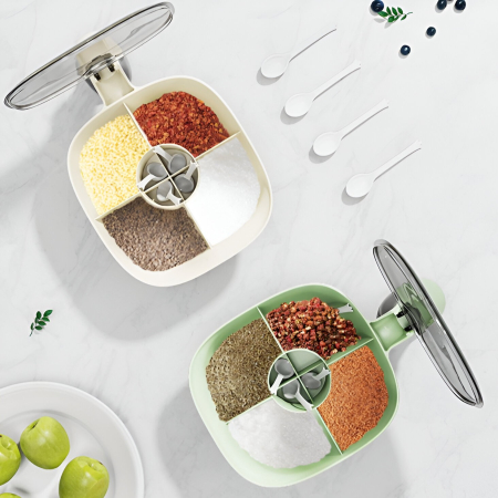 Cutie de Depozitare a Condimentelor, , de Uz Casnic, cu Maner Stabil, cu Capac, 4 Compartimente Principale, 21 x 14 x 10 cm, Crem [5]