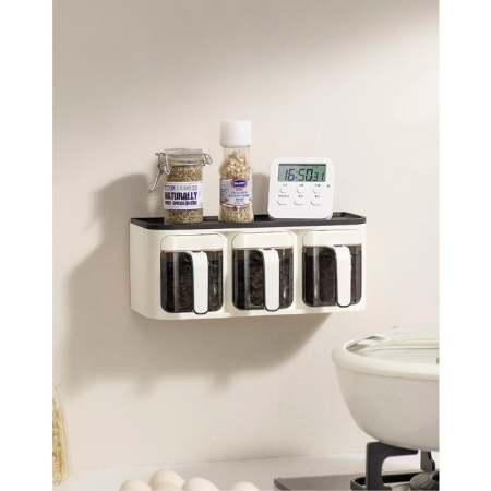 Cutie de Depozitare a Condimentelor, , de Uz Casnic, Montare pe Perete, 3 Compartimente, 25.8 x 13.6 x 10.5cm, Alb-Negru [5]