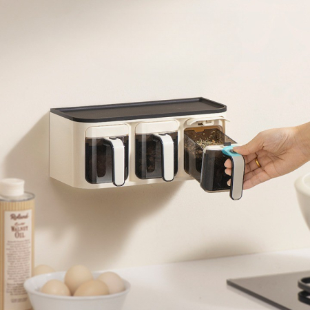 Cutie de Depozitare a Condimentelor, , de Uz Casnic, Montare pe Perete, 3 Compartimente, 25.8 x 13.6 x 10.5cm, Alb-Negru [2]