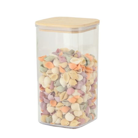 Organizatoare si Depozitare Bucatarie - Cutie de Depozitare Alimente, , Cutie de tip Container, Cutie pentru Cereale, din Plastic, Capac din Bambuc, 10 x 10 x 19 cm, Volum 1.2l, Transparent
