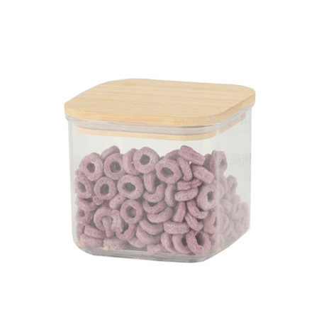 Organizatoare si Depozitare Bucatarie - Cutie de Depozitare Alimente, , Cutie de tip Container, Cutie pentru Cereale, din Plastic, Capac din Bambuc, 10 x 10 x 8 cm, Volum 0.5 L, Transparenta