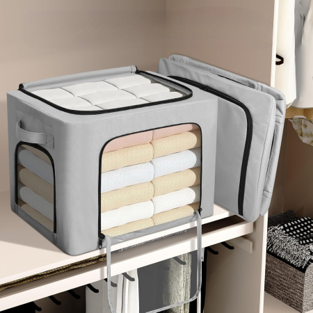 Cutie de Depozitare, , cu 3 Ferestre cu Fermoar Bidirectional, Cadru din Otel, Impermeabil, 38L, 42 x 30 x 30 cm, Gri [2]