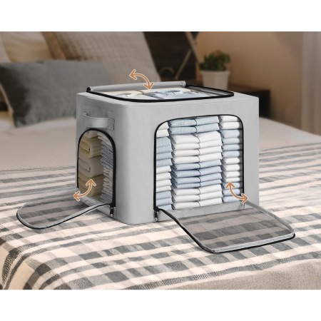 Cutie de Depozitare, , cu 3 Ferestre cu Fermoar Bidirectional, Cadru din Otel, Impermeabil, 38L, 42 x 30 x 30 cm, Gri [1]
