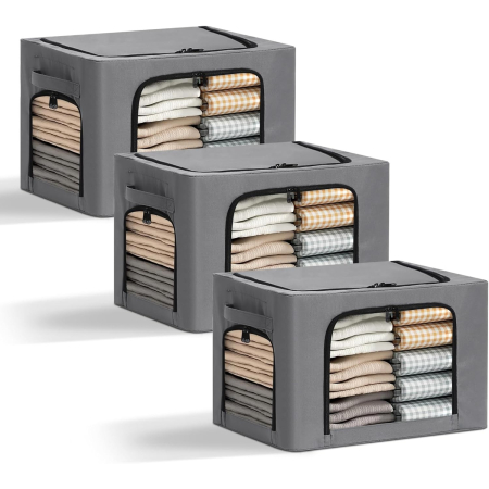 Cutie de Depozitare, , cu 3 Ferestre cu Fermoar Bidirectional, Cadru din Otel, Impermeabil, 38L, 42 x 30 x 30 cm, Gri Inchis [2]