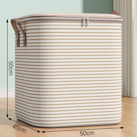 Cutie de Depozitare cu Fermoar, , Pliabila, Maner Ranforsat, Fermoar Rezistent, pentru Haine, Paturi, Plapume, Perne, Lenjerii de Pat, Jucarii, 50x40x50 cm, 100 Litri, in Dungi, Bej [1]