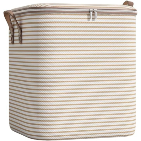 Cutie de Depozitare cu Fermoar, , Pliabila, Maner Ranforsat, Fermoar Rezistent, pentru Haine, Paturi, Plapume, Perne, Lenjerii de Pat, Jucarii, 56x45x56 cm, 150 Litri, in Dungi, Bej [2]