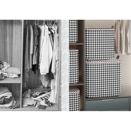 Cutie de Depozitare cu Fermoar, , Pliabila, Maner Ranforsat, Fermoar Rezistent, pentru Haine, Paturi, Plapumi, Perne, Lenjerii de Pat, Jucarii, 56x45x56 cm, 140 Litri, in Carouri, Alb-Negru [7]