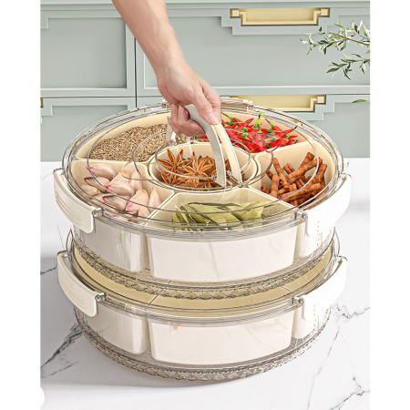 Cutie de Depozitare pentru Alimente, , cu 6 Compartimente, pentru Condimente, Fructe, Legume, cu Manere de Prindere, Rotativa 360 de Grade, Inchidere Ermetica, 32x10 cm, Alba [13]