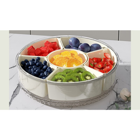 Cutie de Depozitare pentru Alimente, , cu 6 Compartimente, pentru Condimente, Fructe, Legume, cu Manere de Prindere, Rotativa 360 de Grade, Inchidere Ermetica, 32x8 cm, Alba [5]