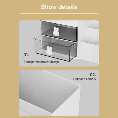 Cutie de Depozitare pentru Birou, , Pentru Makeup, Papetarie, Organizator Cosmetice, 2 Sertare si Compartimente Multiple, Model Iepuras, Plastic, 27.5x15.5x12 cm, Alb [2]