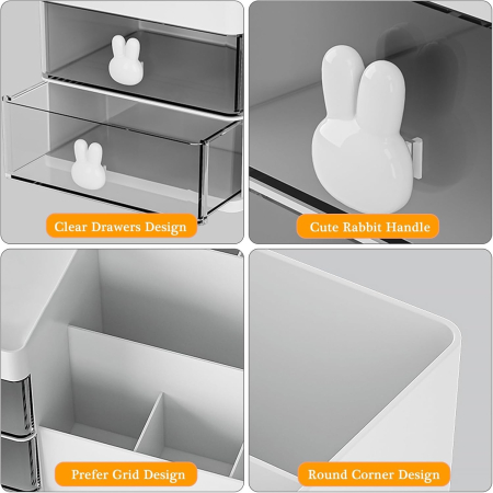 Cutie de Depozitare pentru Birou, , Pentru Makeup, Papetarie, Organizator Cosmetice, 2 Sertare si Compartimente Multiple, Model Iepuras, Plastic, 27.5x15.5x12 cm, Alb [7]