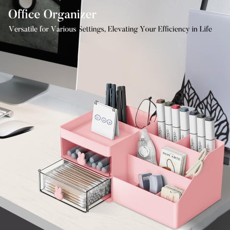 Cutie de Depozitare pentru Birou, , Pentru Makeup, Papetarie, Organizator Cosmetice, 2 Sertare si Compartimente Multiple, Model Iepuras, Plastic, 27.5x15.5x12 cm, Roz [5]