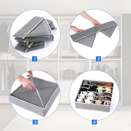 Cutie De Depozitare, , Pentru Lenjerie, Sosete Si Sutiene, Material Textil, 6 Compartimente, 32 x 16 x 10 cm, Culoare Gri [4]